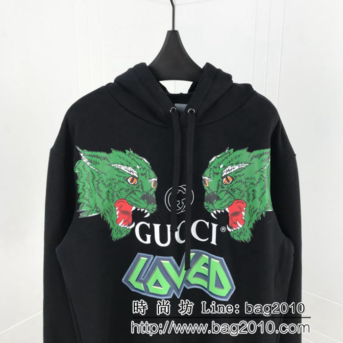 GUCCI古馳 18ss4秋冬新款 咆哮狼頭圖案 黑色 連帽衛衣 情侶款 ydi1706
